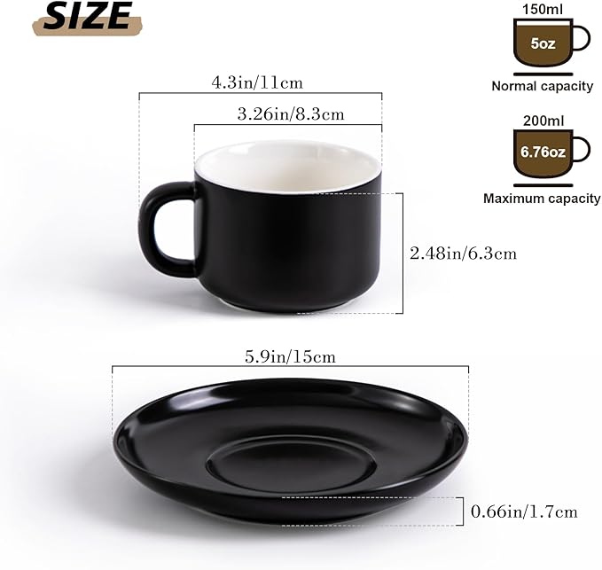Black Tea Cups and Saucers Set of 4 Porcelain Tea Cups 6.76oz for Tea, Espresso, Latte - Porcelain Mugs for Kitchen or Cafe (black)