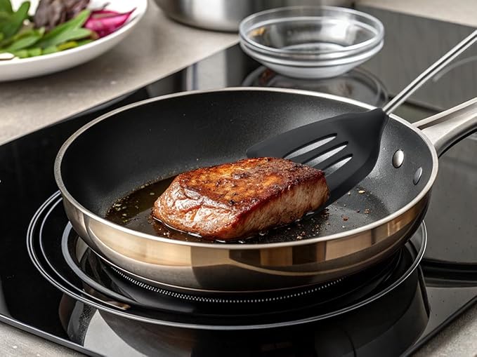 FJNATINH Silicone Spatulas and Turner Set - Non Stick Turners, Stainless Steel Coated with Silicone Cooking Utensils Set with Wooden Handle, Heat Resistant Spatulas for Fish, Eggs, Pancakes,2PCS