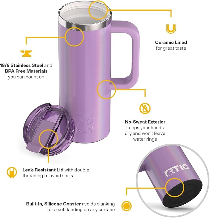 RTIC 20oz Road Trip Travel Mug with Lid and Handle, Ceramic Lined, Insulated, Stainless Steel, Metal, Double Wall Vacuum-Insulation, Portable Coffee, Tea Cup for Hot and Cold Drink, Lavender Glitter