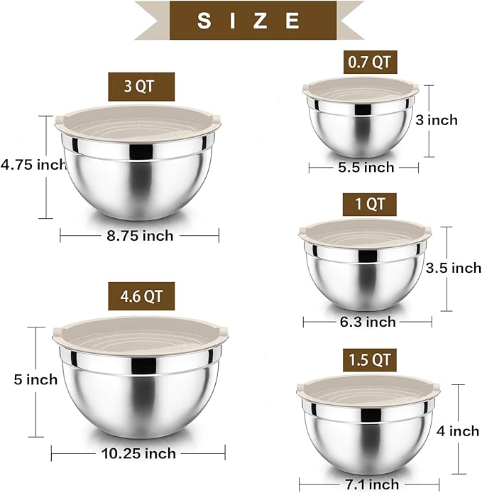 P&P CHEF Mixing Bowls with Airtight Lids Set of 5, 10-Piece Stainless Steel Mixing Nesting Bowl, Metal Bowl with Lid for Kitchen Prepping & Storing, Size 4.6, 3, 1.5, 1, 0.7 QT, Khaki