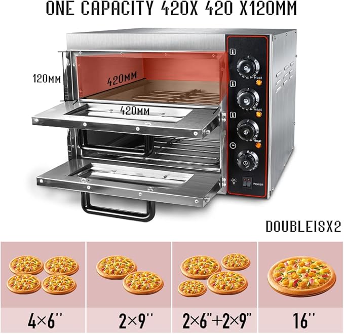 Shikha Commercial Pizza Oven 16 inch Pizza Double Deck 3000W 110V Electric Oven Multipurpose Toaster Bake Broiler 40L Capacity Stainless Steel for Restaurant Home Pizza Pretzels Baked Roast Yakitori