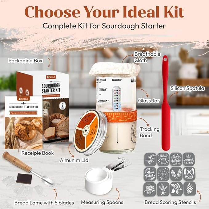 Sourdough Starter Kit with 24oz Glass Jar, Recipe Book, Tracking Band, Measuring Spoons, Bread Lame with 5 Blades, Scoring Stencils & Silicone Spatula – Complete Bread Baking Supplies for Home Bakers