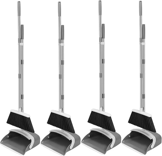 NACENA Broom and Dustpan Set, 52-in Long Adjustable Handle Broom Dustpan Combo with Dustpan Teeth to Automatically Clean Hair Suitable for Home Kitchen Office Hall Floor (Grey&White), 4 Pack