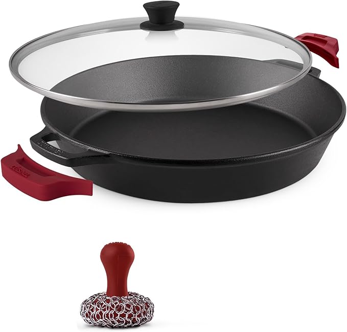 Cuisinel Cast Iron Skillet + Glass Lid + Red Chainmail Scrubber - 15"-Inch Dual Handle Braiser Frying Pan + Silicone Handle Covers - Pre-Seasoned Oven, Grill, Stovetop, Fire Cookware - Indoor/Outdoor