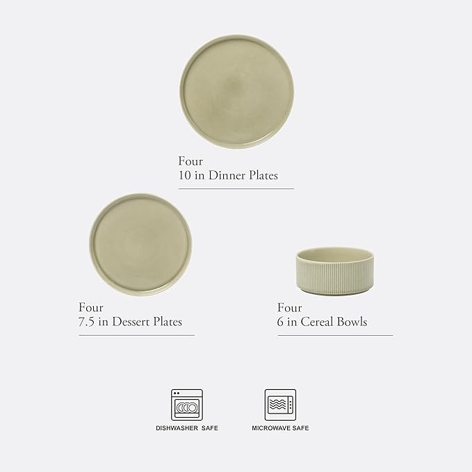 Gibson Elite Solana Coast 12 Piece Stoneware Reactive Glaze (Service for 4) Ceramic Plates and Bowls Modern Shape Embossed Dinnerware Set - Green