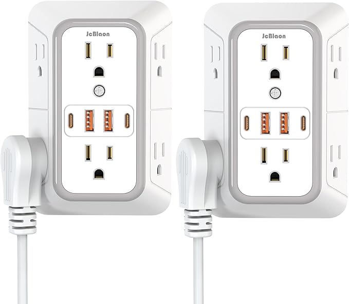 2 Pack Wall Charger, Surge Protector 6 Outlet Extender Multi Plug Wall Outlets with 4 USB Charging Ports (2 USB C Outlet) 3 Sided 1050J Power Strip Wall Adapter Spaced for Home Travel Office