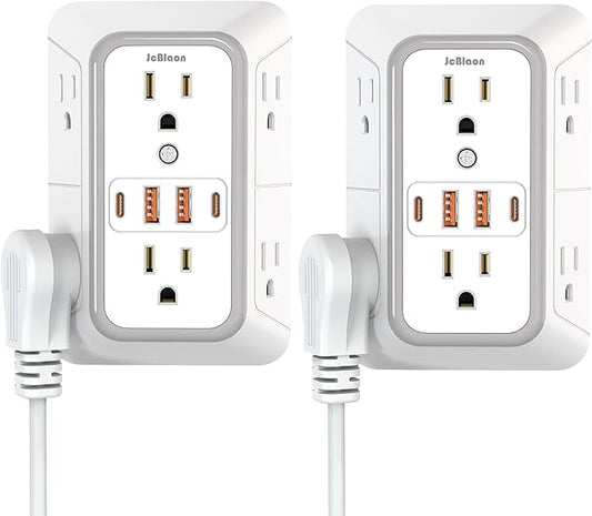 2 Pack Wall Charger, Surge Protector 6 Outlet Extender Multi Plug Wall Outlets with 4 USB Charging Ports (2 USB C Outlet) 3 Sided 1050J Power Strip Wall Adapter Spaced for Home Travel Office