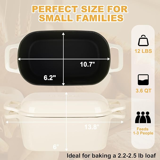 Oval Enameled Cast Iron Dutch Oven with Lid - 3.6QT Sourdough Bread Pans for Baking