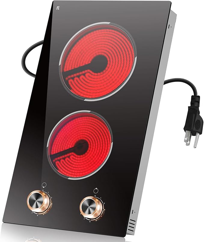 2 Burner Electric Cooktop, Built-in & Countertop Electric Stovetop 12 Inch, Ceramic Cook Top with Knob Control, 9 Power Levels Setting, Over-Temperature Protection, 110V - 120V Plug in