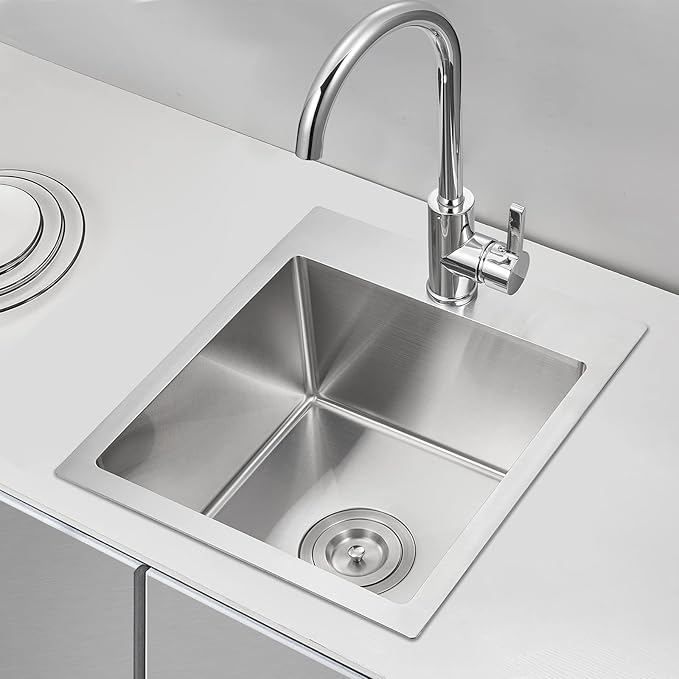 15 inch Bar Sink, KINKIB Drop in Topmount Bar Sink or Prep Kitchen Sink, Handmade Single Bowl T-304 Stainless Steel Small Overmount Kitchen Sink with Basket Strainer