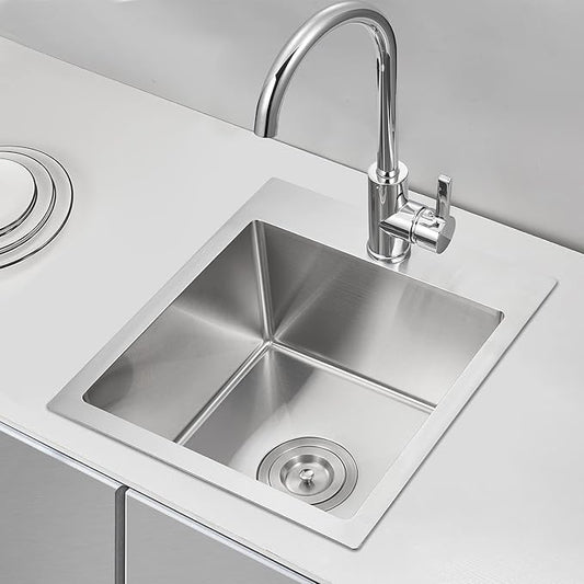 15 inch Bar Sink, KINKIB Drop in Topmount Bar Sink or Prep Kitchen Sink, Handmade Single Bowl T-304 Stainless Steel Small Overmount Kitchen Sink with Basket Strainer