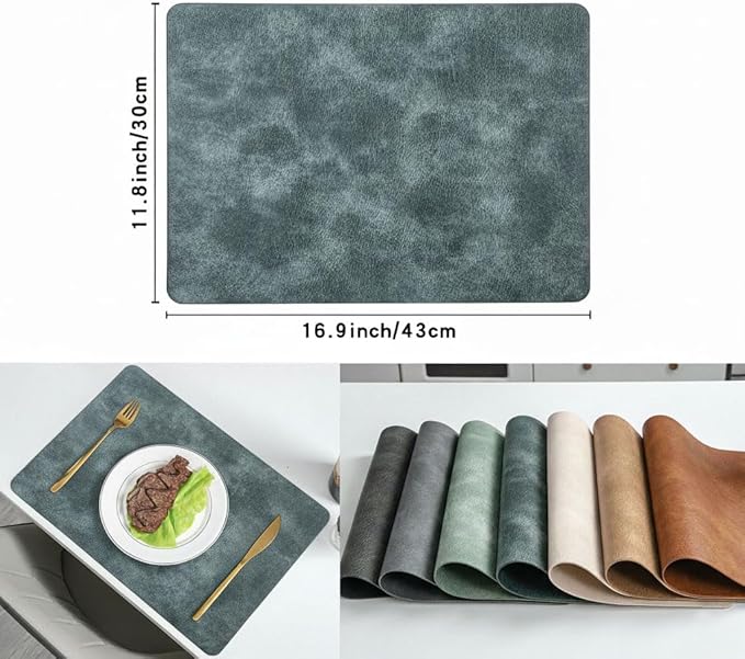 ICEDOG 12"x17" Waterproof PU Placemats - Faux Leather Heat-Resistant & Reversible Table Mats | Oil-Proof, Non-Slip for Kitchen, Dining, Outdoor BBQ (6, Bule)