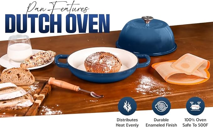 Enameled Cast Iron Dutch Oven Pot with Lid - Dutch Oven for Sourdough Bread Baking - With 5 Blade Bread Lame & Non-Stick Silicone Sling perfect for Sourdough Breads & more. Cast Iton Enamel Braiser Pan with Lid (BLUE, 6 Quart Sourdough Pot)