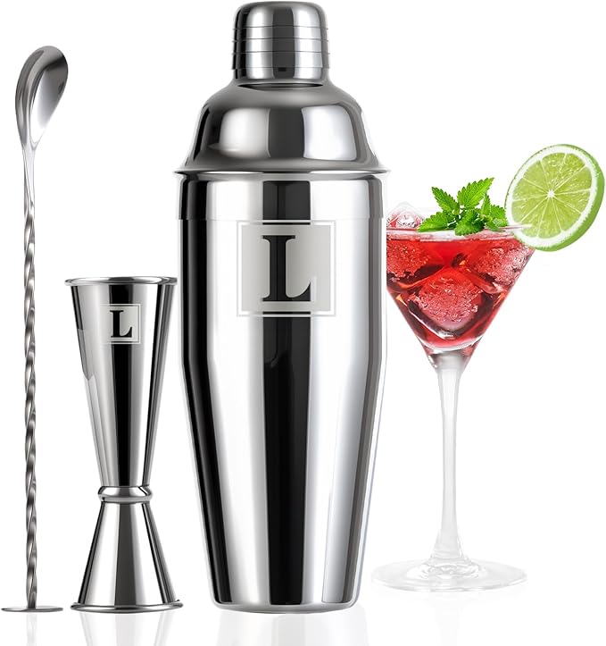 24oz Cocktail Shaker Set with 1 oz 2oz Jigger - Monogramm Initials Martini Shaker Set - 304 Stainless Steel Bar Shaker for Margarita,Mojito-Personalized Gift for Friend,Husband -L