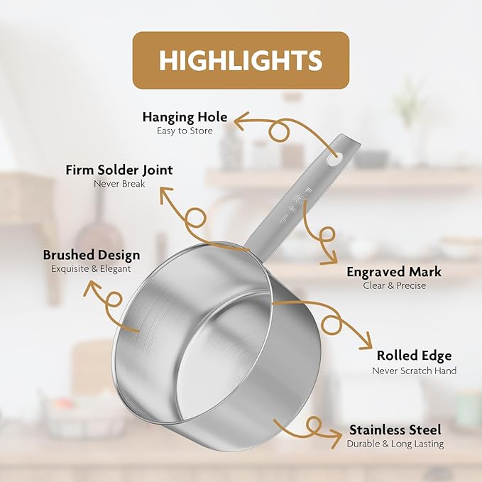 1PCS 1 Cup(16Tbsp, 240ml, 8oz) Stainless Steel Measuring Cup, Single Metal Scoop for Wet and Dry Ingredients, Great Kitchen Gadgets for Cooking