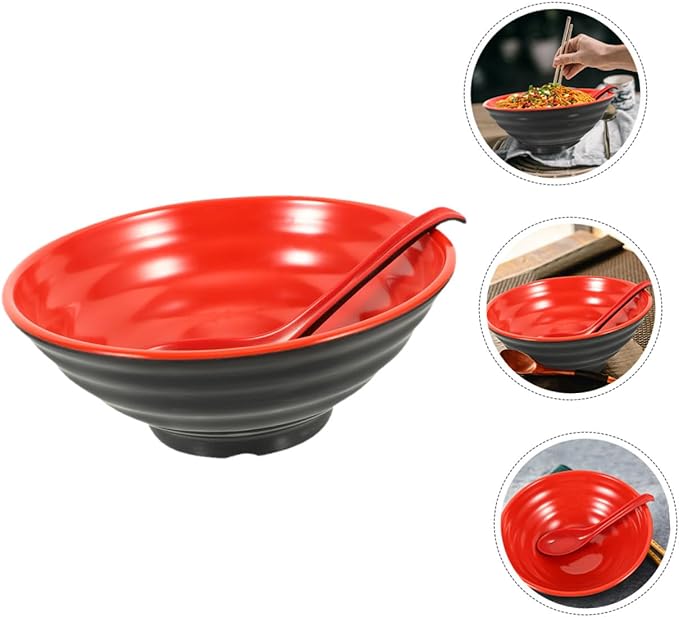 Large Melamine Ramen Bowl with Spoon Reusable Food Container for Rice Instant Noodles Desserts Kitchen Bowls Microwave Safe Decorative and Easy to Clean for Japanese and Asian