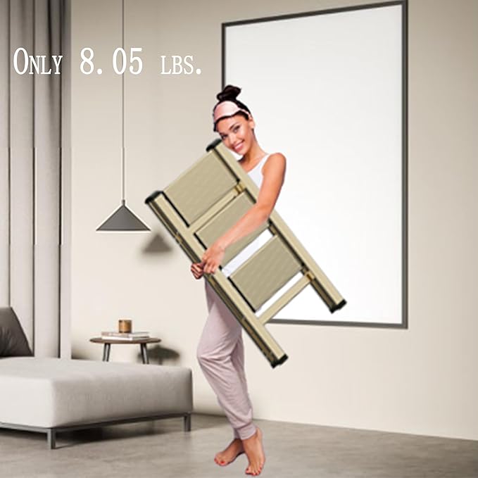 3 Step Lightweight Folding Ladder for Home, 330lbs Aluminum Step Ladder Anti-Slip for Kitchen, Step Stool Foldable Adults for Closet, 330lbs - Champagne Gold