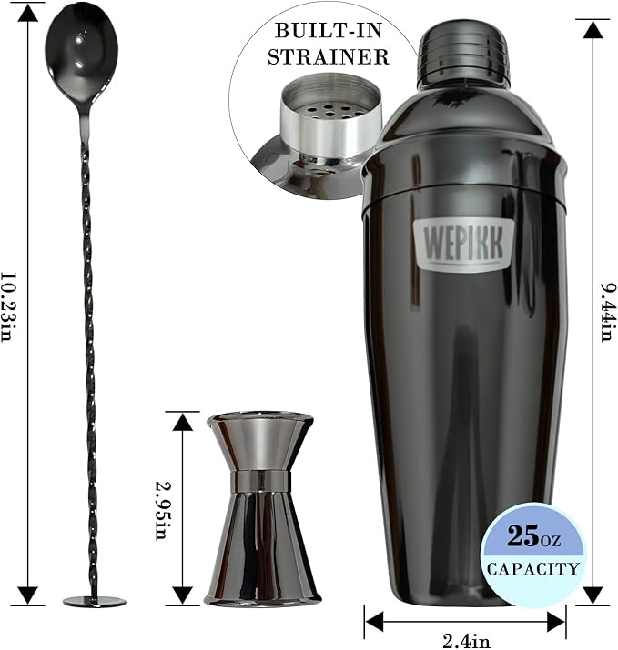Stainless Steel Cocktail Shaker Set, 24oz/750ml Bartender Kit Includes Strainer and Stir Stick for Home, Bar, Party, Bar Accessories for The Home Bar Set (Black)