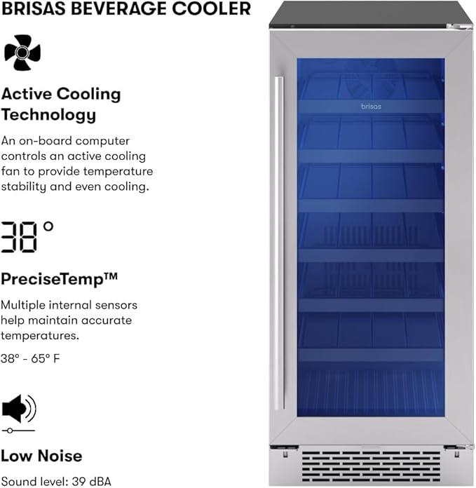 Zephyr Brisas 15 Inch Slim Beverage Fridge Single Zone Under Counter - Narrow Mini Wine & Drink Cooler Small Cabinet Wine Refrigerator Home Bar Freestanding with Glass Door - 4 Bottles, 64 Cans