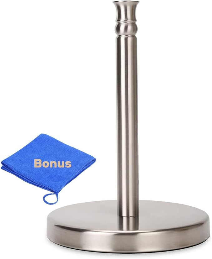 Paper Towel Holder Countertop, Standing Paper Towel Roll Holder for Kitchen Bathroom, with Weighted Base for One-Handed Operation, No Wobbly (Brushed Nickel)