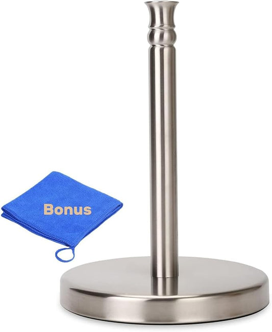 Paper Towel Holder Countertop, Standing Paper Towel Roll Holder for Kitchen Bathroom, with Weighted Base for One-Handed Operation, No Wobbly (Brushed Nickel)