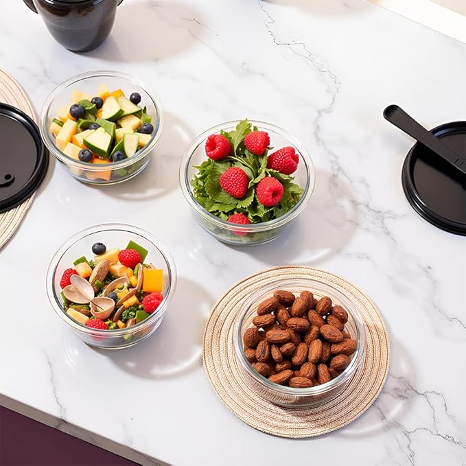Small Round Glass Food Containers with lids, 12oz Round Food Storage Containers with Lid, 1.5 Cup Small Glass Food Containers with Lid BPA-Free, Microwave, Dishwasher, Freezer Safe (4 Pack)