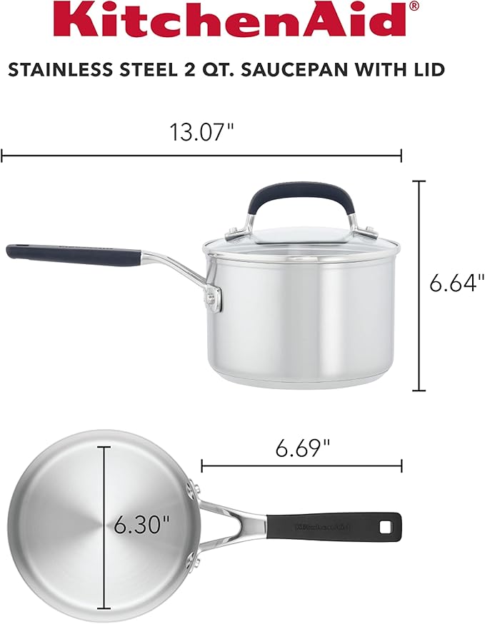 KitchenAid 71020 Stainless Steel Saucepan with Measuring Marks and Lid, 2 Quart - Brushed Stainless Steel