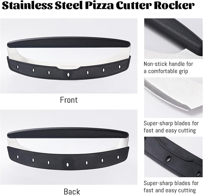 Pizza Cutter Rocker & 12 Inch Rotating Pizza Peel Set - Anodized Aluminum Peel with Wooden Handle, Includes Plastic Blade Guard - Ideal for Pizza Oven Baking & Slicing
