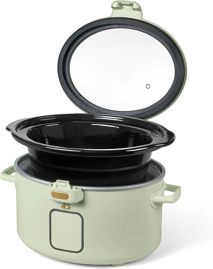 Beautiful 4-Qt Programmable Slow Cooker with Hinged Locking Lid & Touch Display – 3 Heat / 4 Timer Settings (Sage Green)