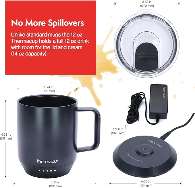 Premium Heated Coffee Mug with 5 Temperature Settings, Industry-Leading Smart Electric Cup, Up to 8-Hour Battery, 12oz with Lid (14oz Total Capacity) Midnight Black