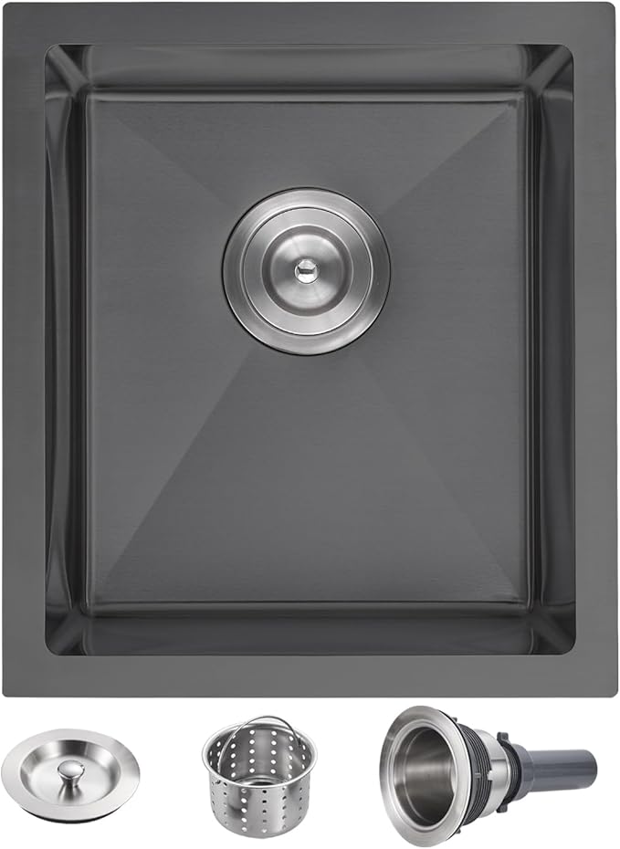 POPFLY 15×17 Inch Black Bar Sink,304 Stainless Steel Single Bowl 8 Inch Deep Laundry Sink Rv, Undermount Small Kitchen Sinks