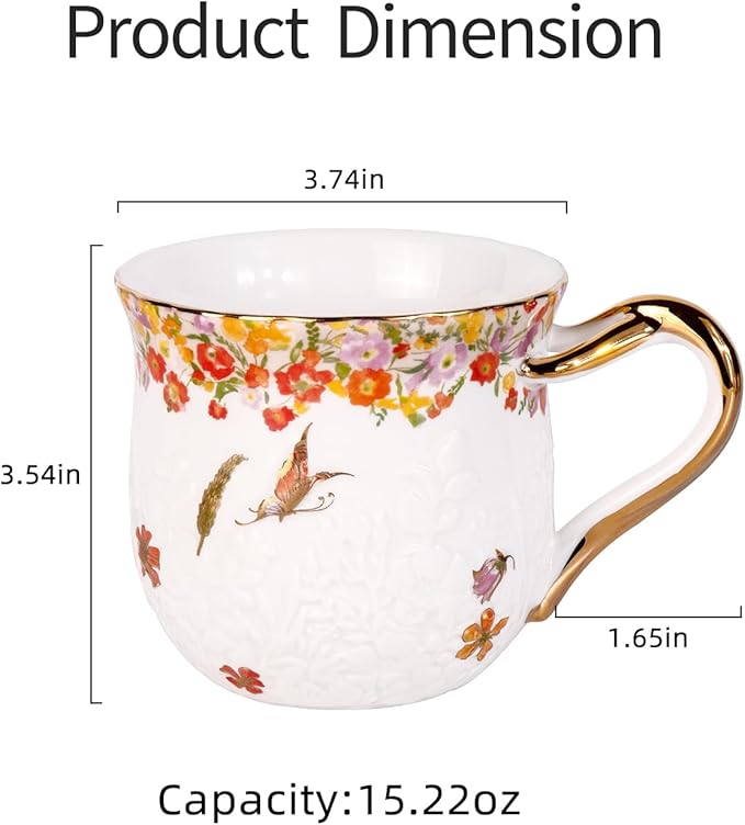 KAMMAK Coffee Mugs Ceramic Espresso Cups 16oz Porcelain Tea Cups Set of 2 Large Cappuccino Mugs with Handle Demitasse Mug for Hot Cocoa, Latte, Breakfast Cereal, Americano (Flower)