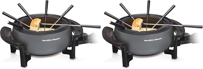 Hamilton Beach 12 Cup Electric Fondue Pot Set with Temperature Control, 6-Color Coded Forks, for Cheese, Chocolate, Hot Oil, Broth, 3 Quart PFAS-Free Nonstick Interior, Gray (86202) (Pack of 2)