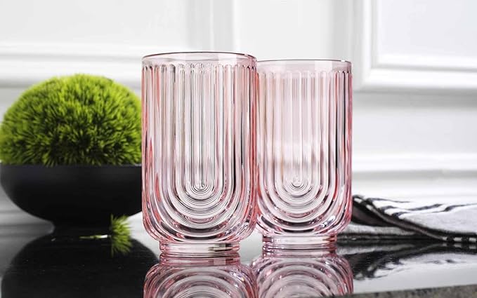 Glaver's Vintage Glassware Art Deco Highball Glasses Set of 4 Blush Ribbed Drinking Glasses 17 Oz U-Shape Arch Design Colored Cocktail Kitchen Tumblers Everyday Dinner Decorative Party, Pink