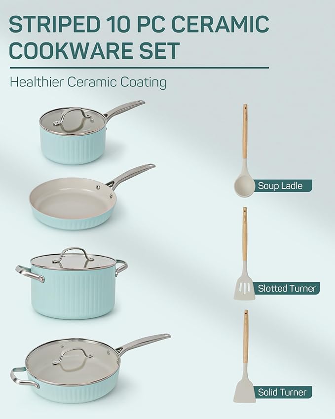 10Pcs Nonstick Cookware Set, Ciwete Tri-Ply Ceramics Cookware Set, Kitchen Pots and Pans with Stay Cool Ergonomic Handle, Dishwasher Safe, Oven Safe, Gift, Compatible with All Stovetop, Green
