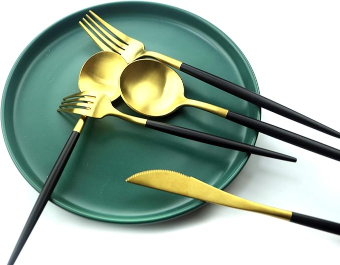 Gugrida 20-Piece Matte Gold & Black Handle 18/10 Stainless Steel Flatware Set, Titanium Cutlery for Home & Restaurant, Dishwasher Safe