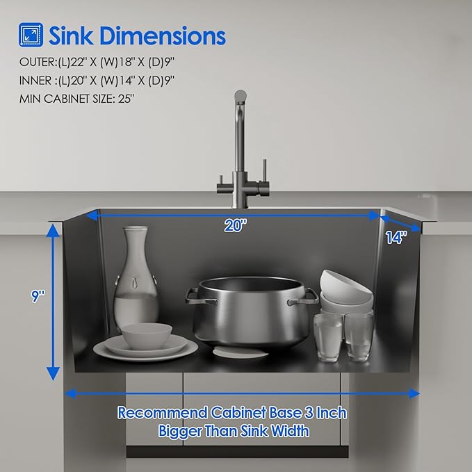 22x18x9 Inch Drop in Kitchen Sink, Handmade 304 Black Stainless Steel Sink, Centre-Offset Drain, R10 Tight Corner, Topmount Kitchen Sink with Strainer & Bottom Grid