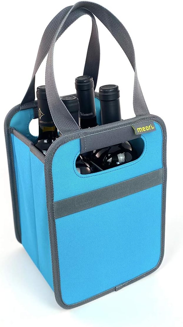 meori Foldable 4 Bottle Wine Tote Azure Blue Organize Crate Glass Dividers Stylish Travel Storage Box Liquor Spirits Tastings Grocery Shopping Hostess Gift, A100815