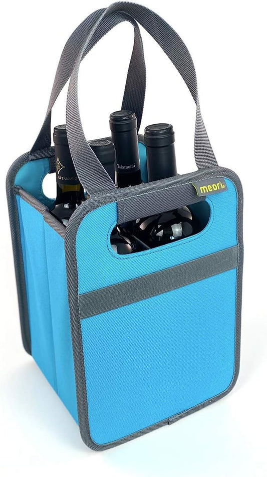 meori Foldable 4 Bottle Wine Tote Azure Blue Organize Crate Glass Dividers Stylish Travel Storage Box Liquor Spirits Tastings Grocery Shopping Hostess Gift, A100815