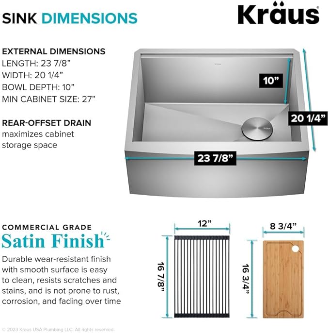 KRAUS Kore 24-Inch Farmhouse Workstation 16 Gauge Single Bowl Stainless Steel Kitchen Sink with Accessories, KWF210-24