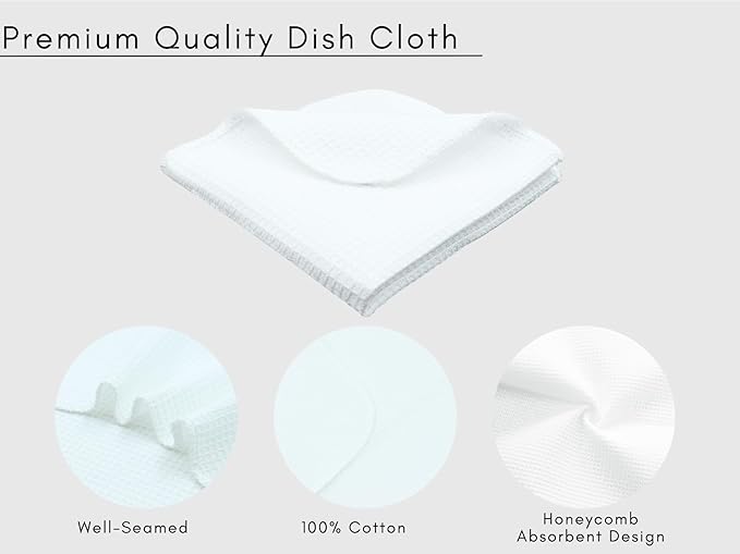 PurpleEssences Dish Cloths and Dish Rags - 8 Pack Waffle Weave Solid Kitchen Dish Wash Cloths, 100% Cotton, 12 x 12 Inches, Ultra Soft Absorbent Quick Drying - Christmas Holiday Winter - White