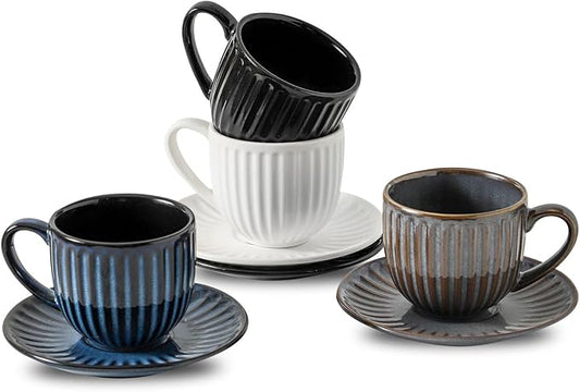 Hasense 6 Oz Cappuccino Cups with Saucers Ceramic, Ribbed Espresso Cups Set of 4 for Coffee,Tea,Latte and Macchiato, Aesthetic Gift for Anniversary or Holiday, Mix-Color