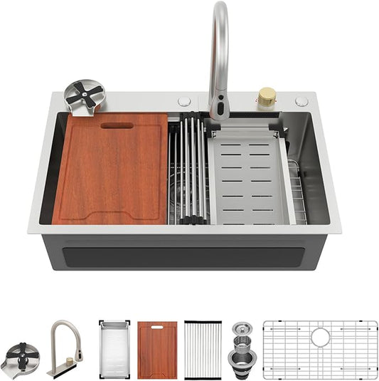 30 Kitchen Sink Drop In with Faucet - Lordear 30x19 Inch Waterfall Kitchen Sinks Topmount Stainless Steel 16 Gauge Single Bowl Workstation Kitchen Sink With Faucet Combo