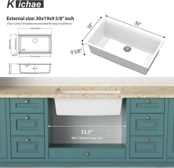 Kichae 30 Granite Composite Kitchen Sink White - 30" x 19" Granite Composite Kitchen Sink Undermount Workstation Under Counter Quartz Single Bowl Sink Basin