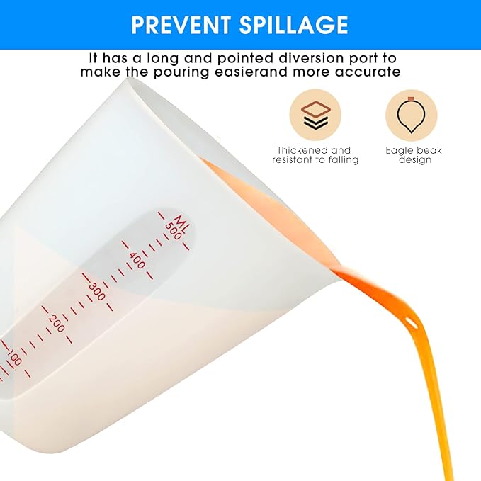ZUYEE Silicone Measuring Cups (2 Cup + 1 Cup) Flexible Measure Melting Cups for Epoxy Resin Butter, Chocolate Squeeze Pour Baking Cup Dishwasher Safe BPA Free 500/250 ML with Marking Cup/Ounce