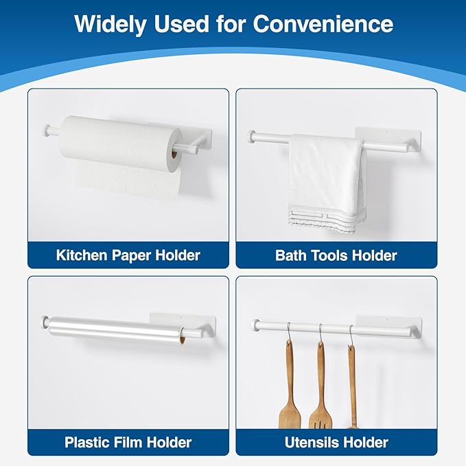 Paper Towel Holder - Self-Adhesive or Drilling, White, Wall Mounted, SUS304 Stainless Steel Kitchen Roll Dispenser Under Cabinet