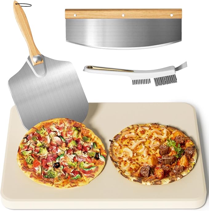 4 PCS Rectangle Pizza Stone Set, 20" Large Pizza Stone for Oven and Grill with Pizza Peel, Pizza Cutter & Brush, Baking Stone for Pizza, Bread,BBQ