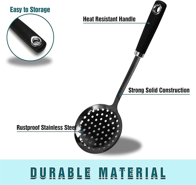 Skimmer Spoon, Slotted Spoons for Cooking, Slotted Spoon, Kitchen Stainless Steel Slotted Serving Spoon, Stainless Steel Strainer, Black