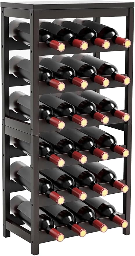 24-Bottle Wine Rack Freestanding Floor, 6-Tier Bamboo Wine Display Rack Storage Shelf with Table Top for Kitchen Dining Room Bar Cellar - Dark Brown