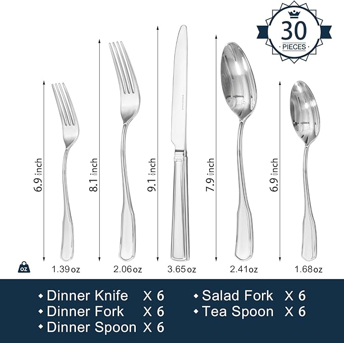 KINGSTONE 30-Piece Silverware Set, 18/10 Stainless Steel Flatware Set for 6, Tableware Cutlery Set, Utensil Sets for Home Restaurant, Mirror Finish, Dishwasher Safe